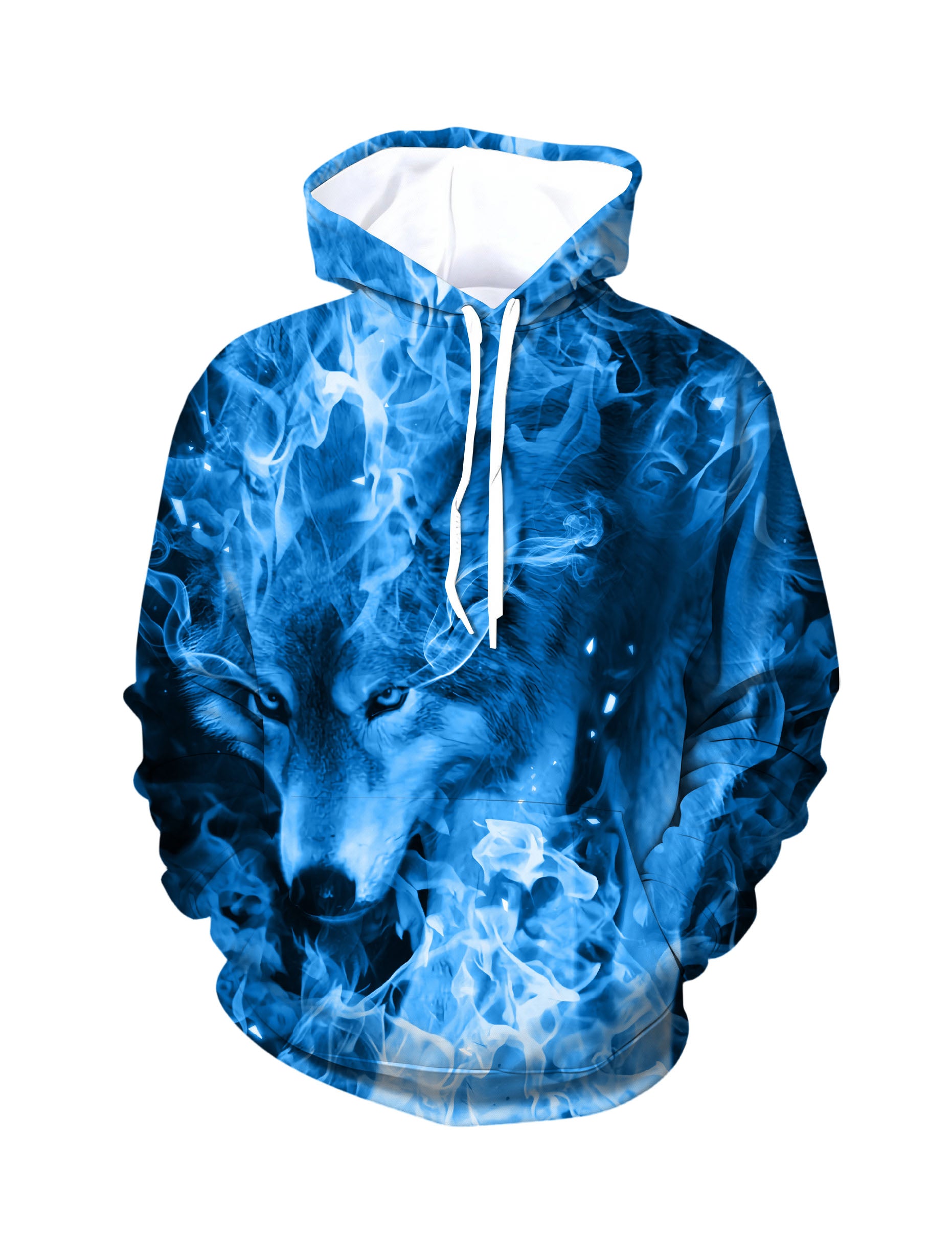 3D Print Blue Flame Wolf Head Hoodie Unisex Loose Fit Streetwear Sweatshirt