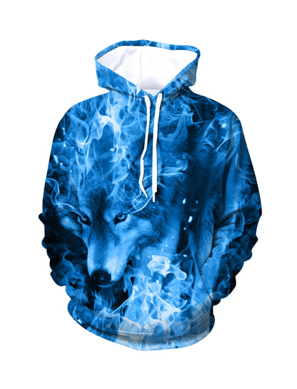 3D Print Blue Flame Wolf Head Hoodie Unisex Loose Fit Streetwear Sweatshirt