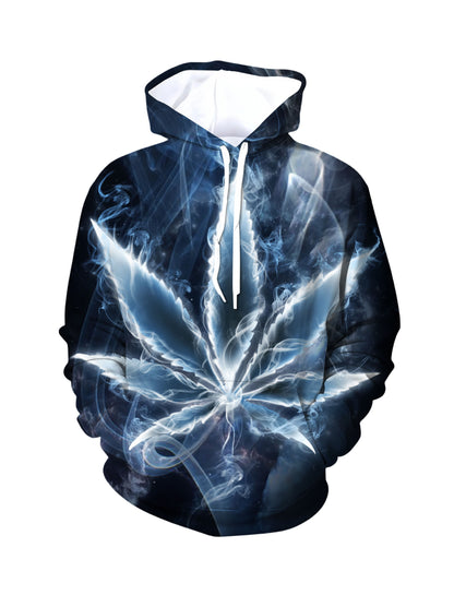 Unisex Pullover Hoodie with 3D All Over Print: Glowing Smoke Cannabis Leaf in Cosmic Nebula, Streetwear Aesthetic, Soft Cotton Blend, Loose Fit for Men Women