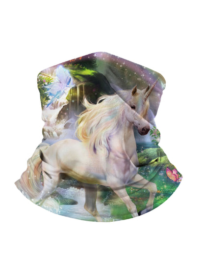 Unisex Neck Gaiter with 3D all over print featuring magical unicorn in enchanted forest, fairy and butterfly, Aesthetic style, soft stretchy & breathable fabric for outdoor wear
