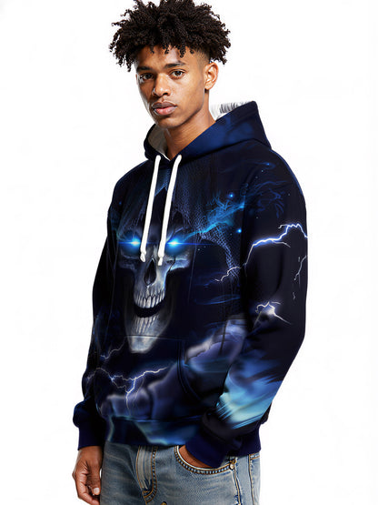 3D All Over Print Skull Hoodie with Lightning Eyes for Men Women Gothic Streetwear
