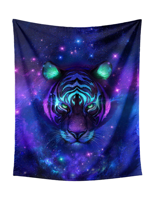 Front-Facing Cosmic Wolf (Blue-Purple Gradient) on Starry Galaxy Tapestry - Mystical Fantasy Wall Hanging