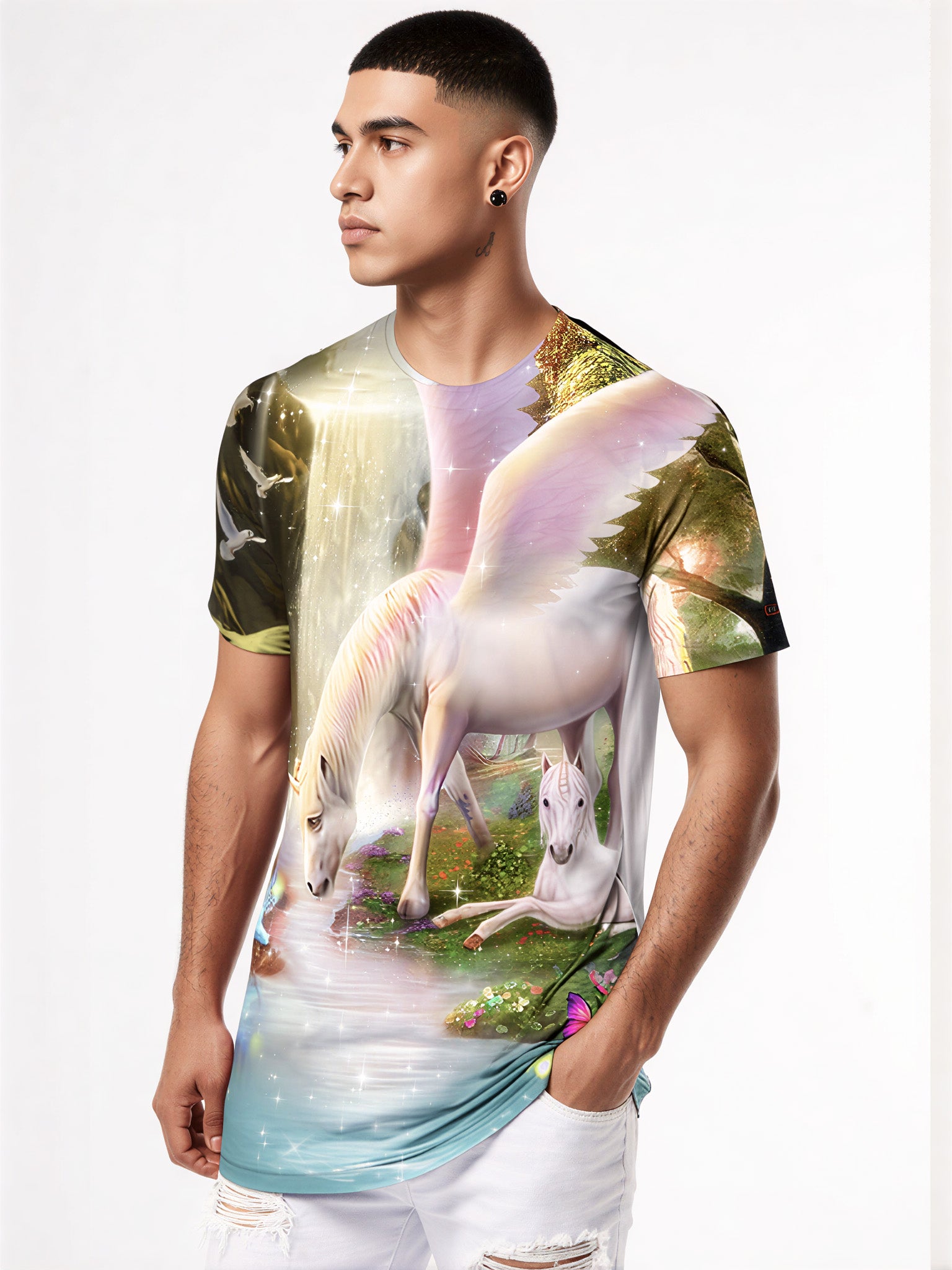 3D All Over Print Unicorn T-Shirt for Men Women Fantasy Forest Winged Horse Design