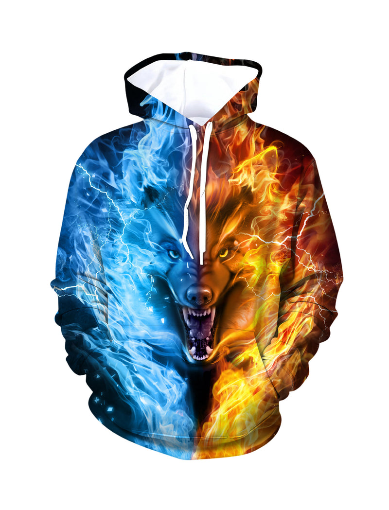 3D All Over Print Fire Ice Wolf Hoodie for Men Women Streetwear Graphic Pullover