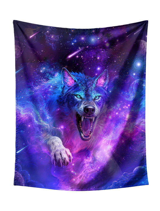 Howling Cosmic Wolf (Purple-Blue Gradient) Towards Large Planet on Starry Galaxy with Shooting Stars Tapestry - Mystical Fantasy Wall Hanging for Bold Home Decor