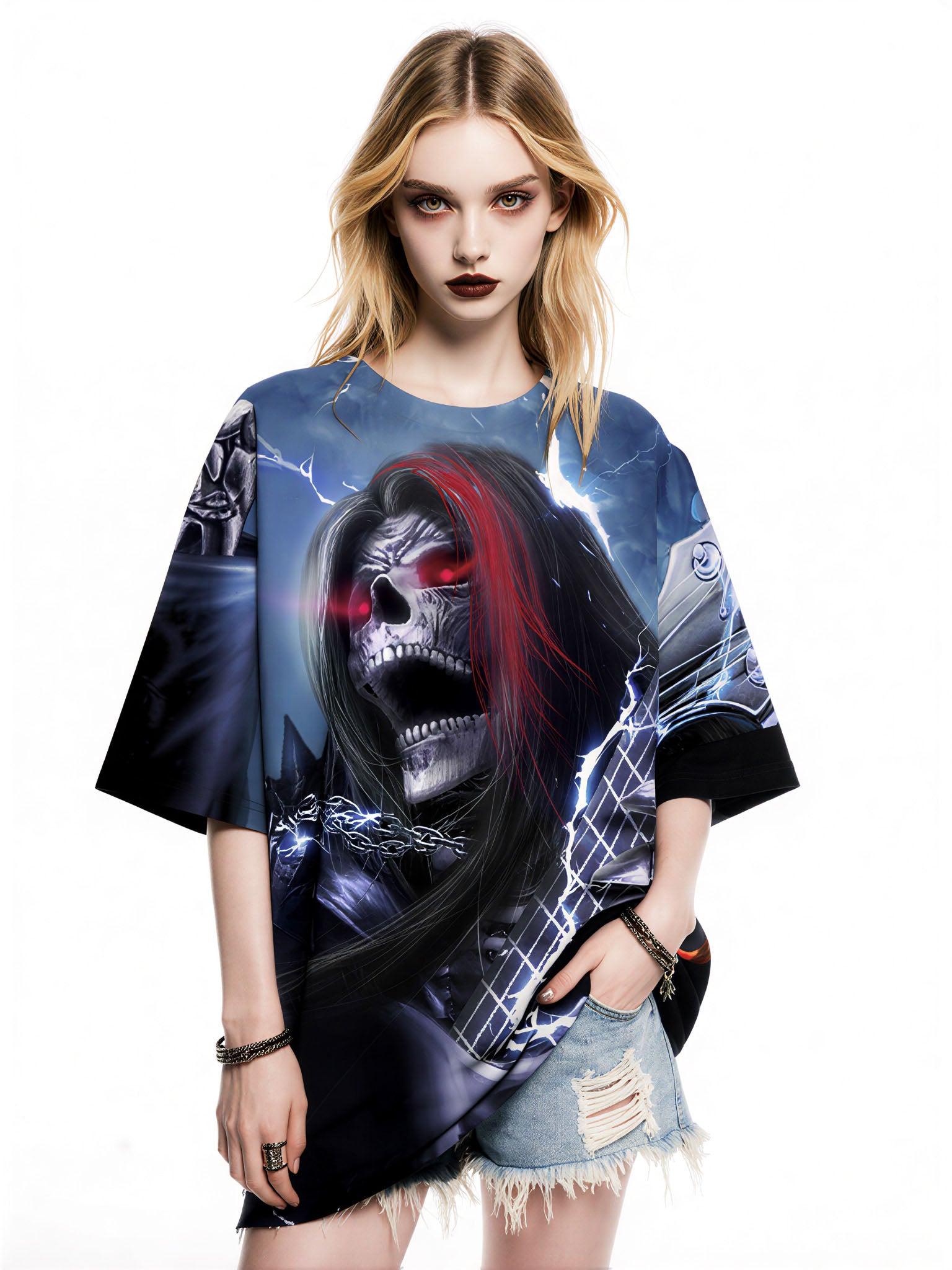 Men Women 3D Guitar Skull All Over Print T-Shirt with Lightning Rock Design