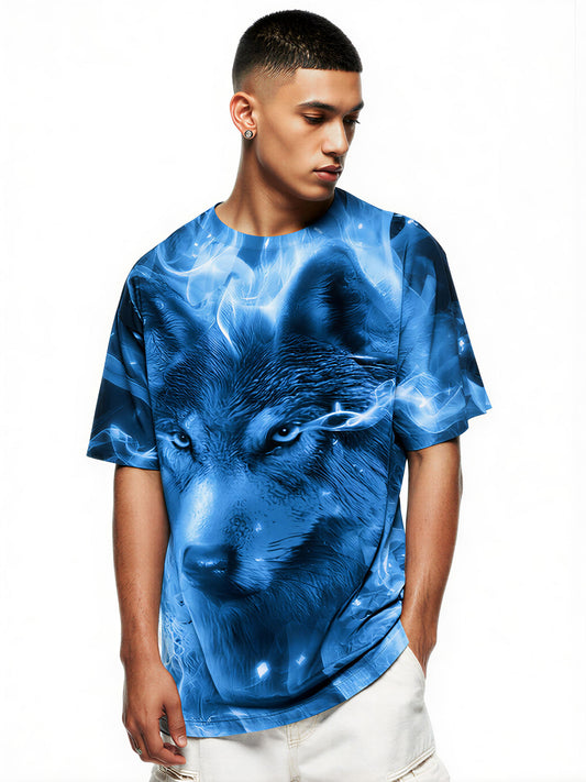 3D All Over Print Blue Wolf T-Shirt for Men Women, Fiery Ice Graphic Streetwear Top