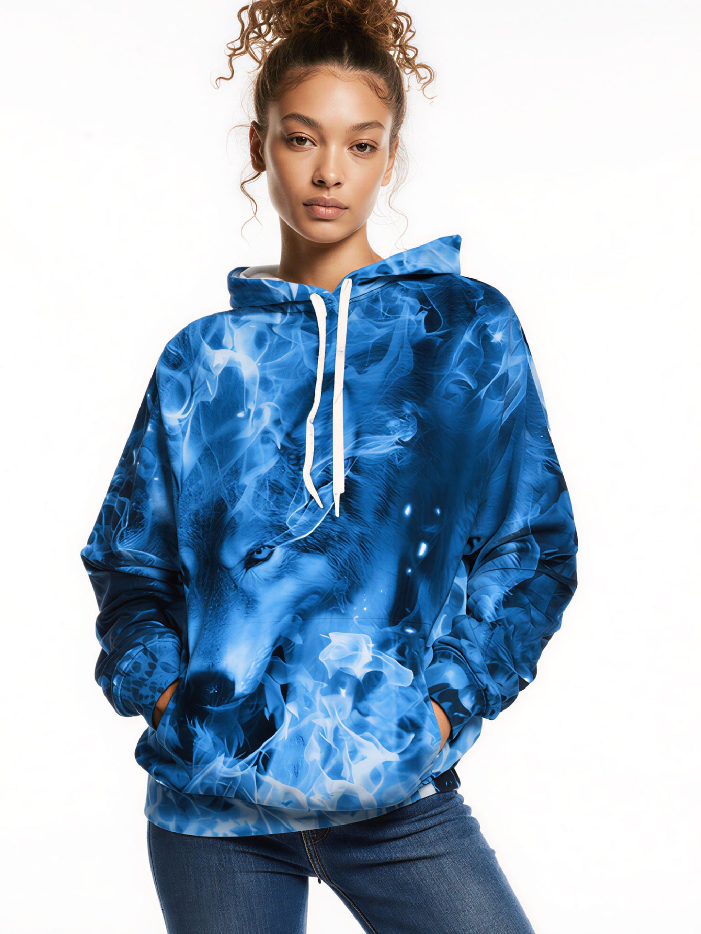 3D Print Blue Flame Wolf Head Hoodie Unisex Loose Fit Streetwear Sweatshirt