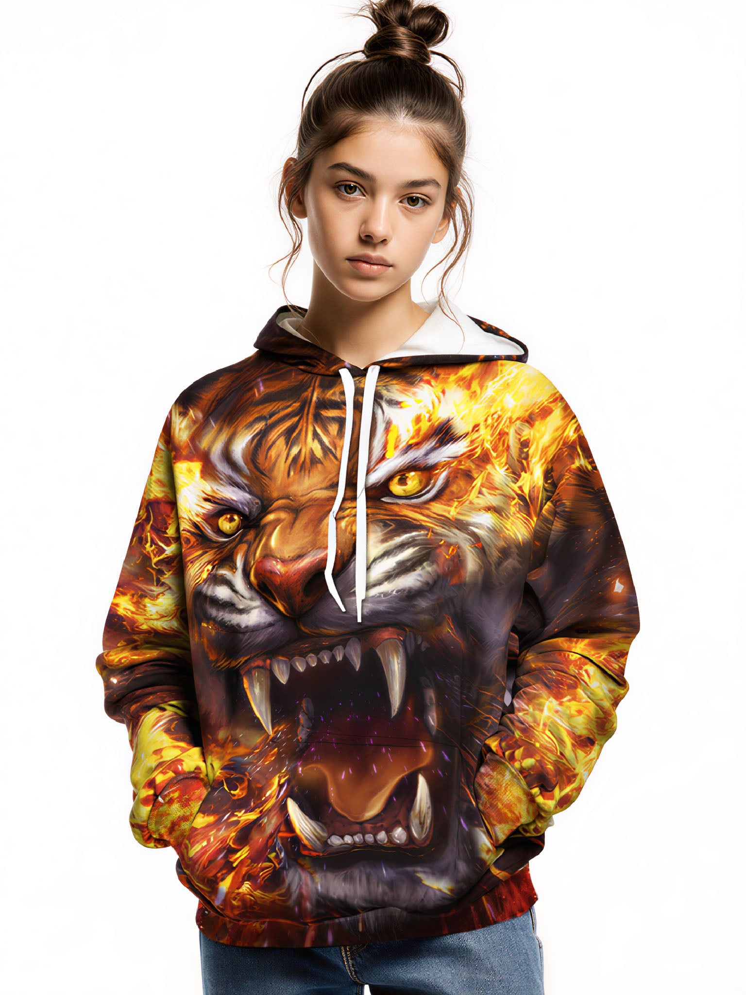 Fierce Fire Tiger 3D All Over Print Hoodie Unisex Streetwear Cotton Blend