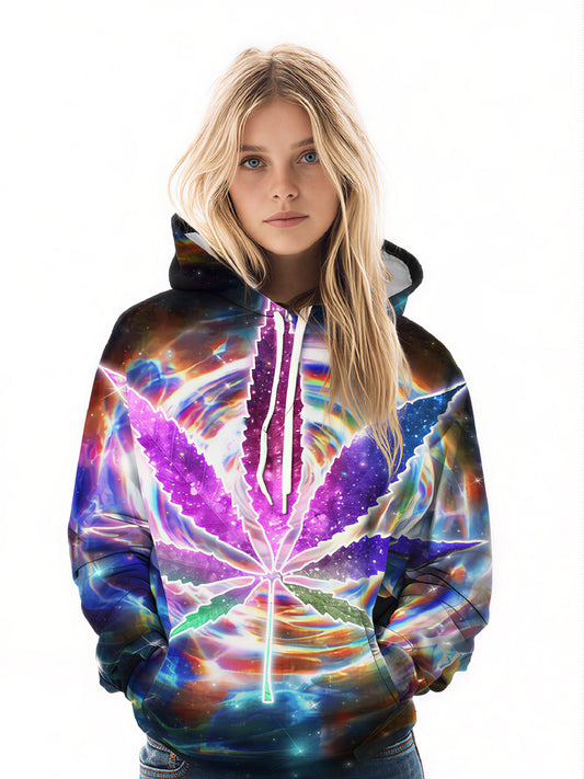 Galaxy Cannabis Leaf 3D All Over Print Hoodie Unisex Soft Cotton Blend Streetwear