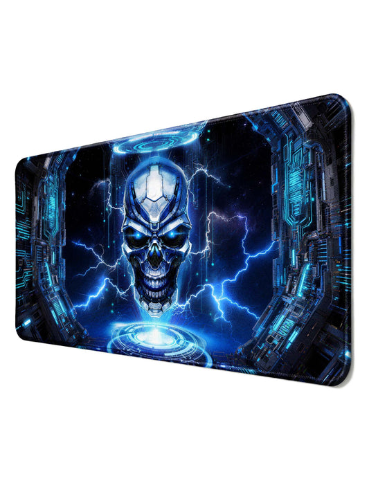 Cybernetic Skull In Futuristic Tech Portal With Blue Lightning Desk Mat