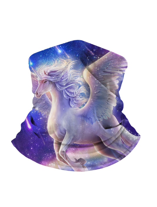 Unisex Neck Gaiter with 3D all over print featuring galaxy nebula and winged unicorn, Aesthetic style, breathable fabric, soft stretchy, UV protection