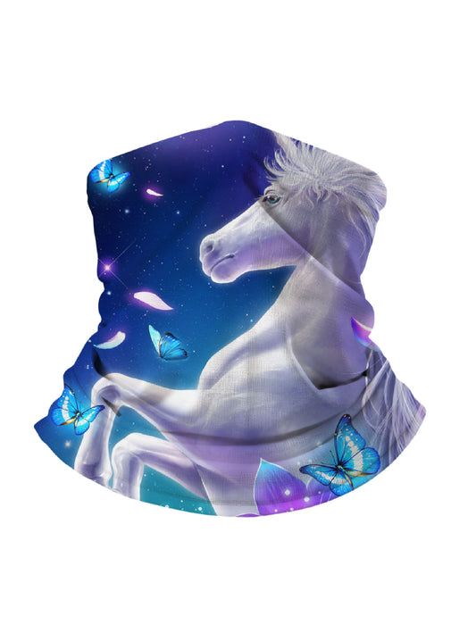 Tube Face Mask with 3D all over print featuring galaxy nebula and ethereal white horse with blue butterflies, Aesthetic style, unisex, breathable fabric, windproof for outdoor use
