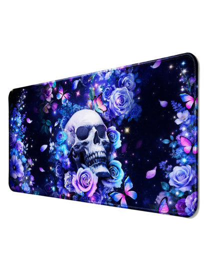 Skull Surrounded By Blue & Purple Roses & Butterflies In Dark Galaxy Desk Mat