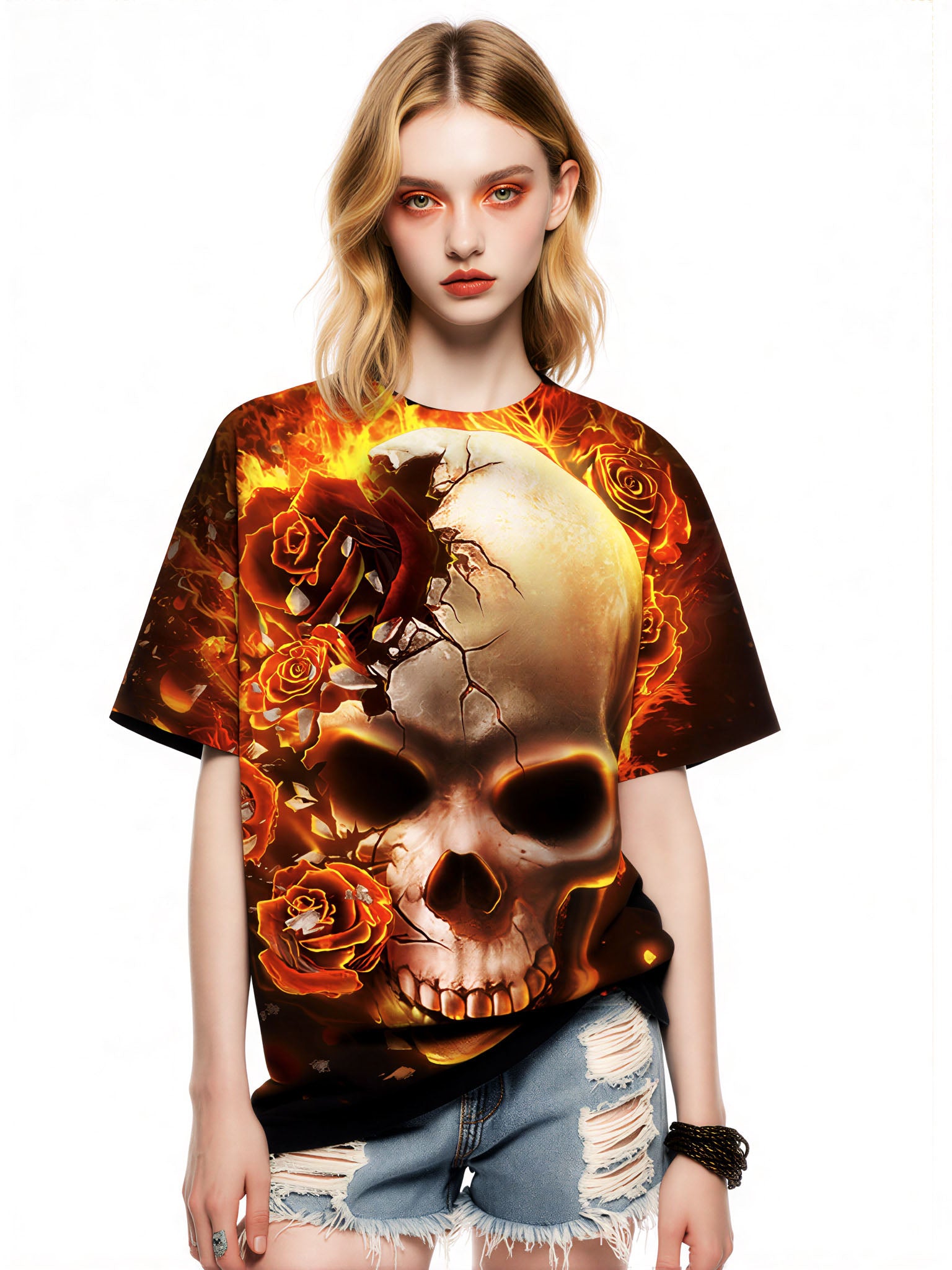 3D All Over Print Skull Rose Fire T-Shirt for Men Women Gothic Streetwear Graphic Pullover