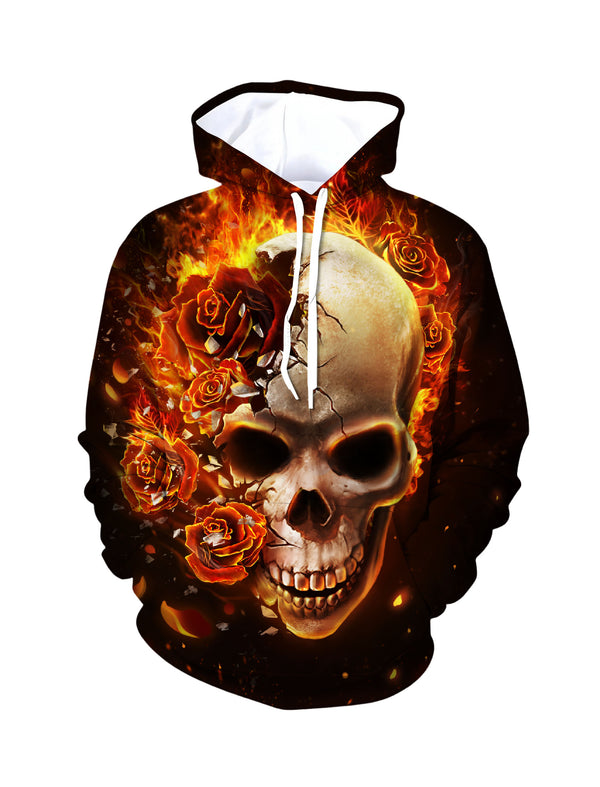 3D All Over Print Skull and Roses Hoodie for Men Women, Fire Flame Graphic Pullover Sweatshirt