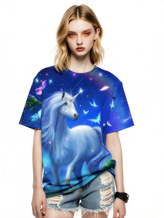 Unicorn 3D All Over Print T-Shirt for Men Women, Fantasy Starry Sky Butterfly Design
