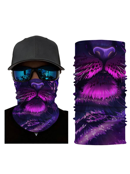 Unisex Balaclava with 3D all over print featuring cosmic purple wolf face, Y2K aesthetic, soft stretchy fabric, UV protection for outdoor sports