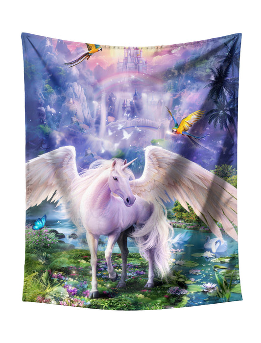 Fantasy Pegasus Unicorn with Wings & Magical Castle Tapestry