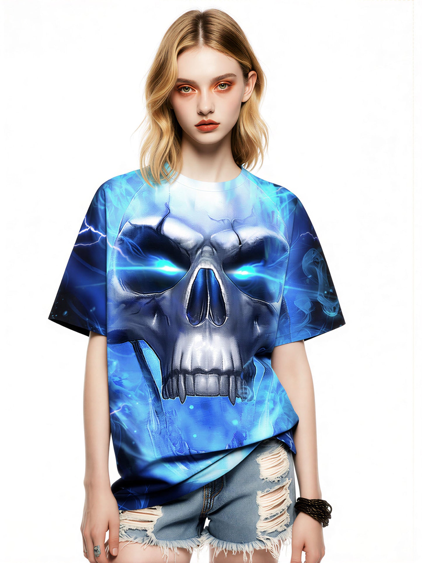 3D All Over Print Skull T-Shirt with Blue Lightning Effect for Men Women edgy streetwear