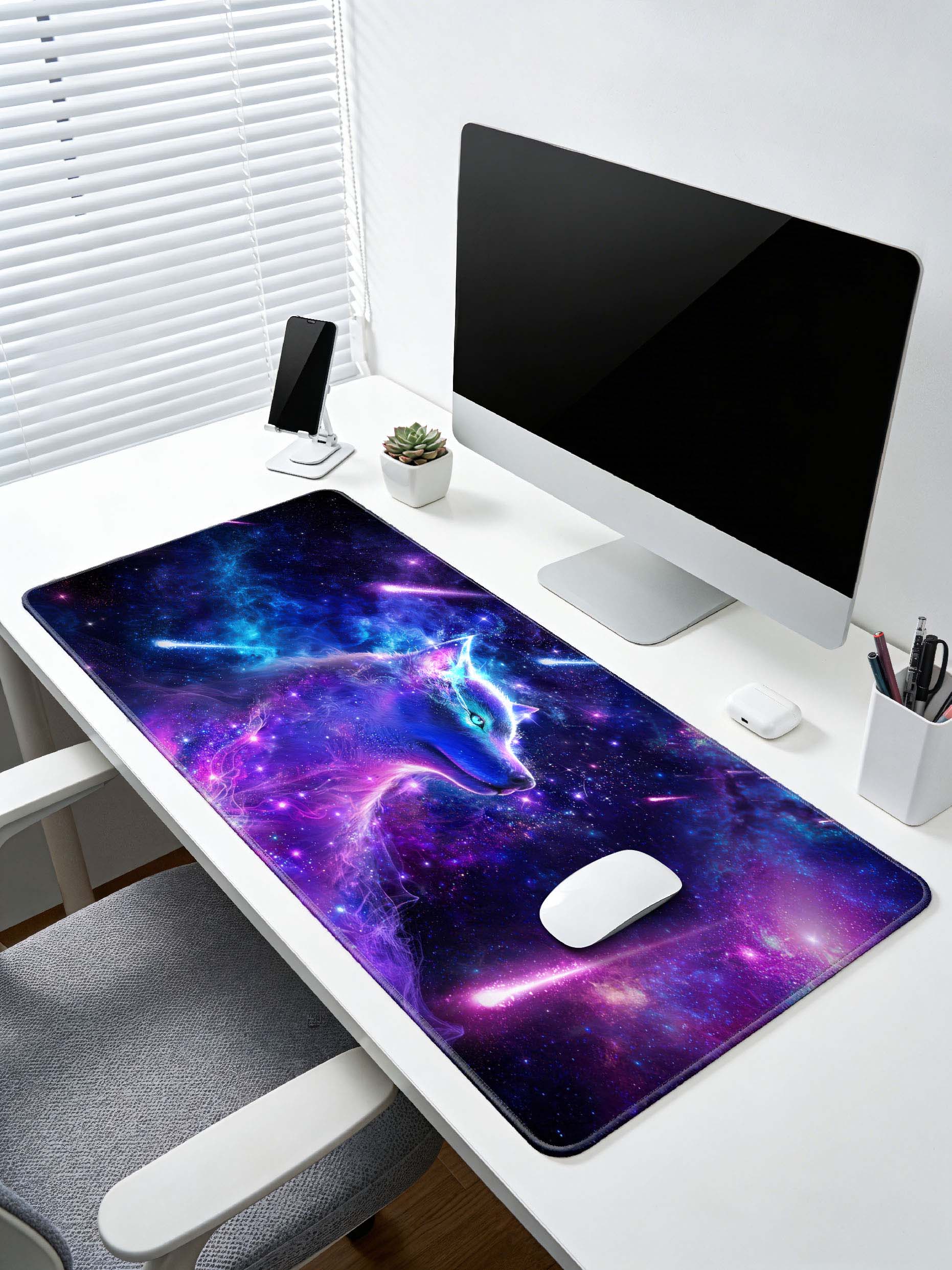 Side Profile Cosmic Wolf With Shooting Stars & Nebula Desk Mat