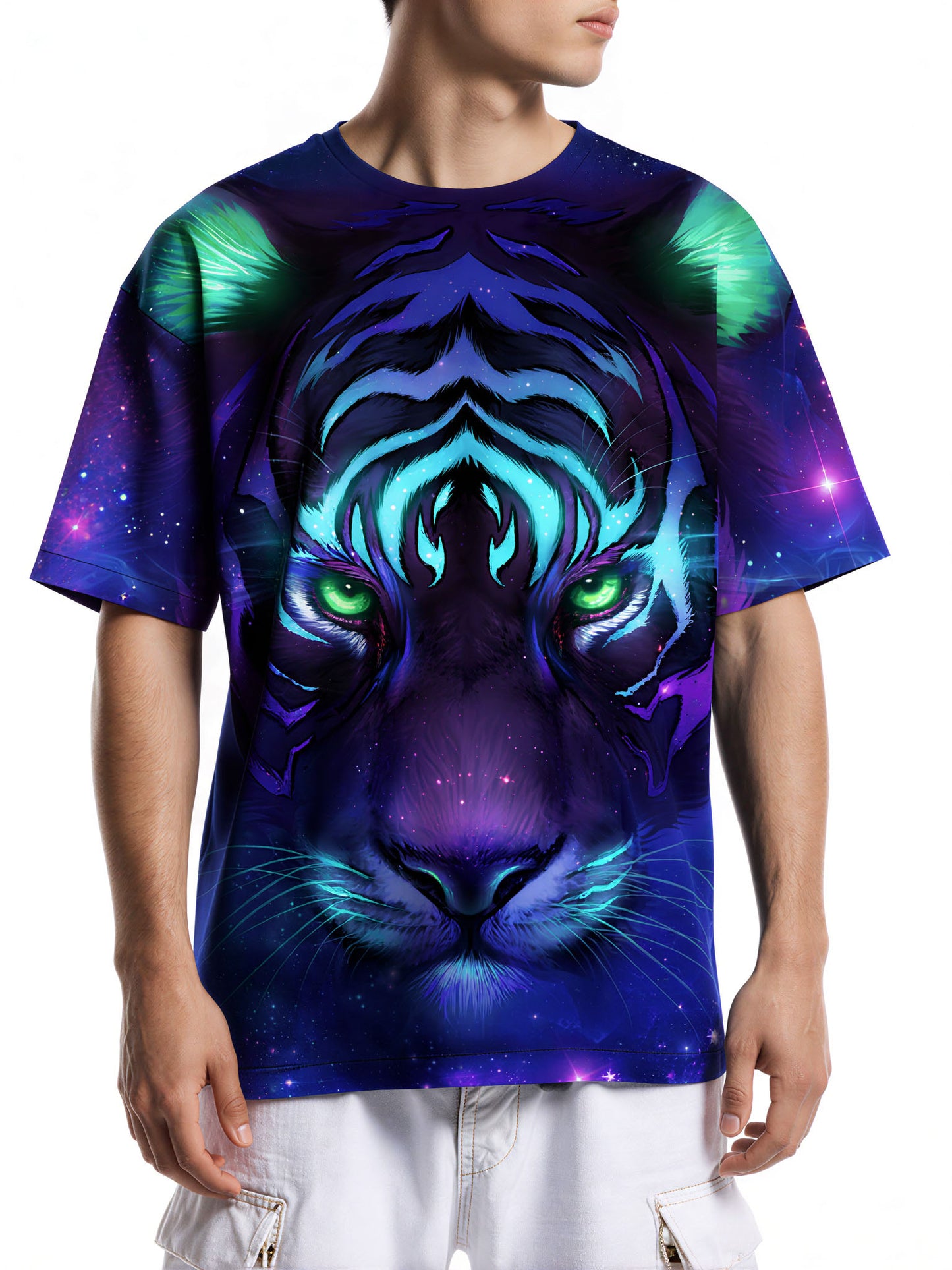 3D All Over Print Galaxy Tiger T-Shirt for Men Women, Cosmic Space Design, Vibrant Blue Purple Neon Style