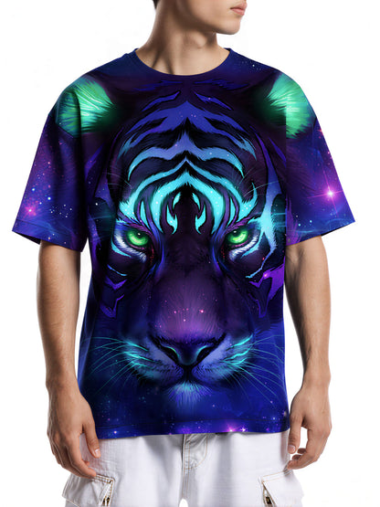3D All Over Print Galaxy Tiger T-Shirt for Men Women, Cosmic Space Design, Vibrant Blue Purple Neon Style