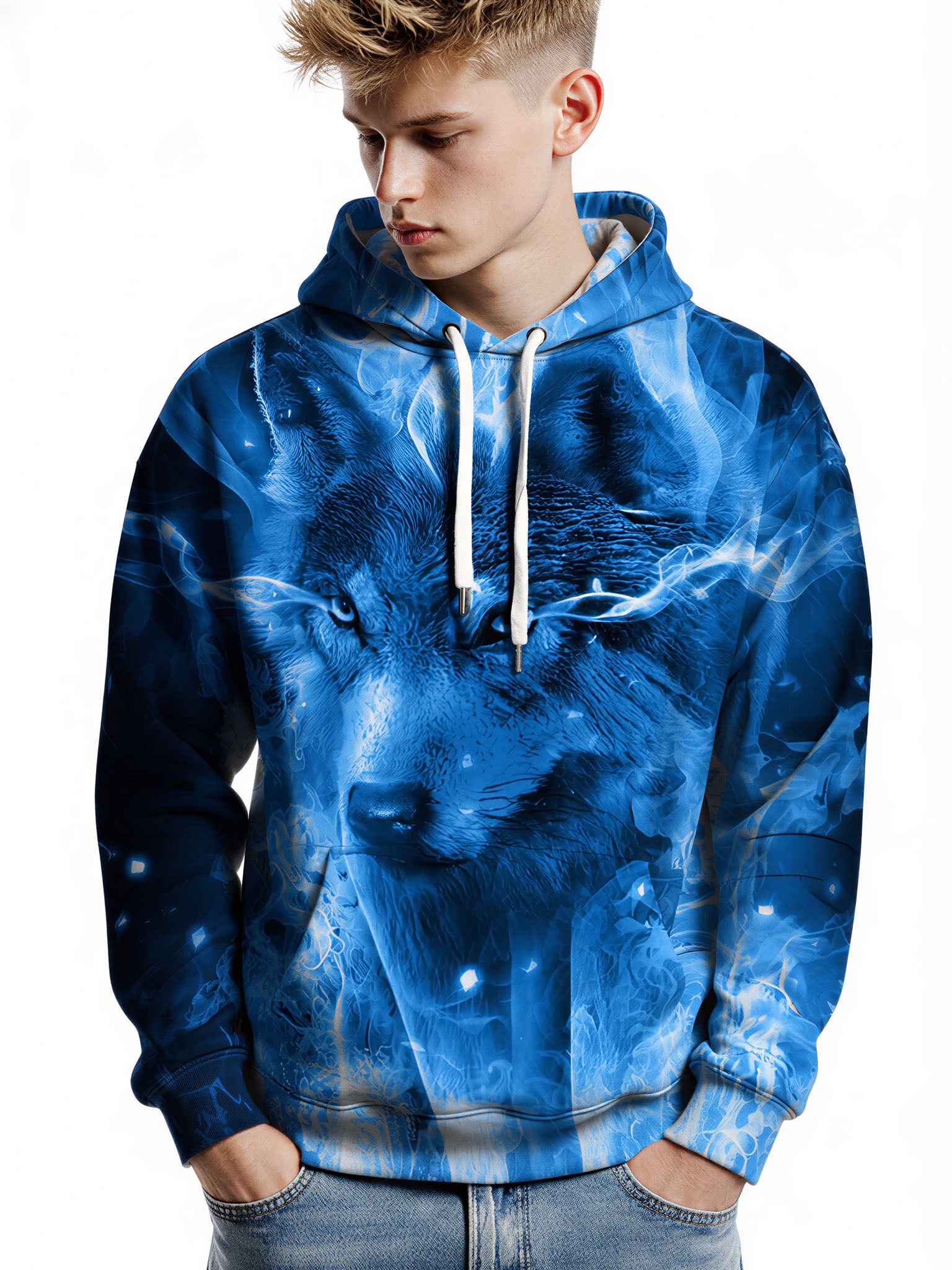 3D All Over Print Wolf Hoodie for Men Women Blue Flame Art Style