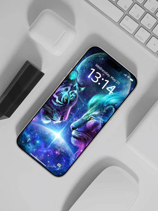 Cosmic Tiger & Lion Duality Phone Wallpaper