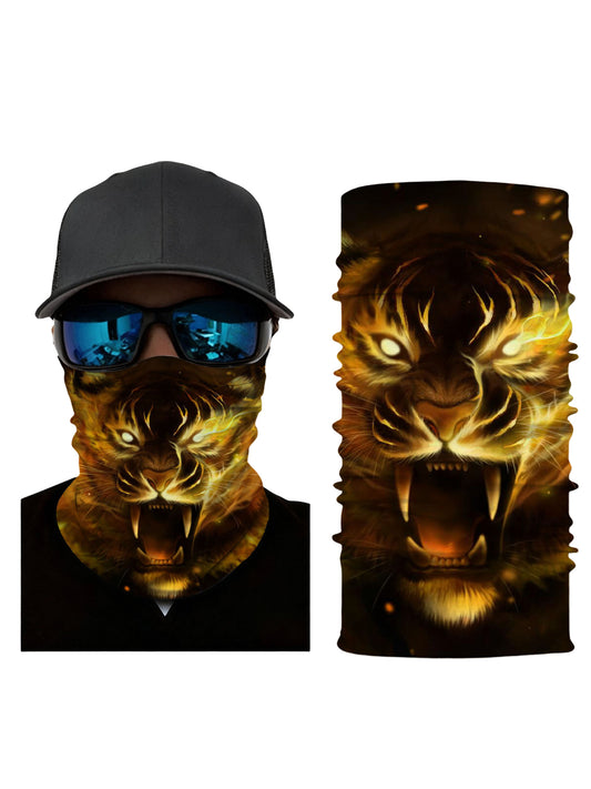 Tube Face Mask with 3D all over print roaring tiger head in fiery golden tones, Streetwear unisex design, breathable fabric, soft stretchy, UV protection