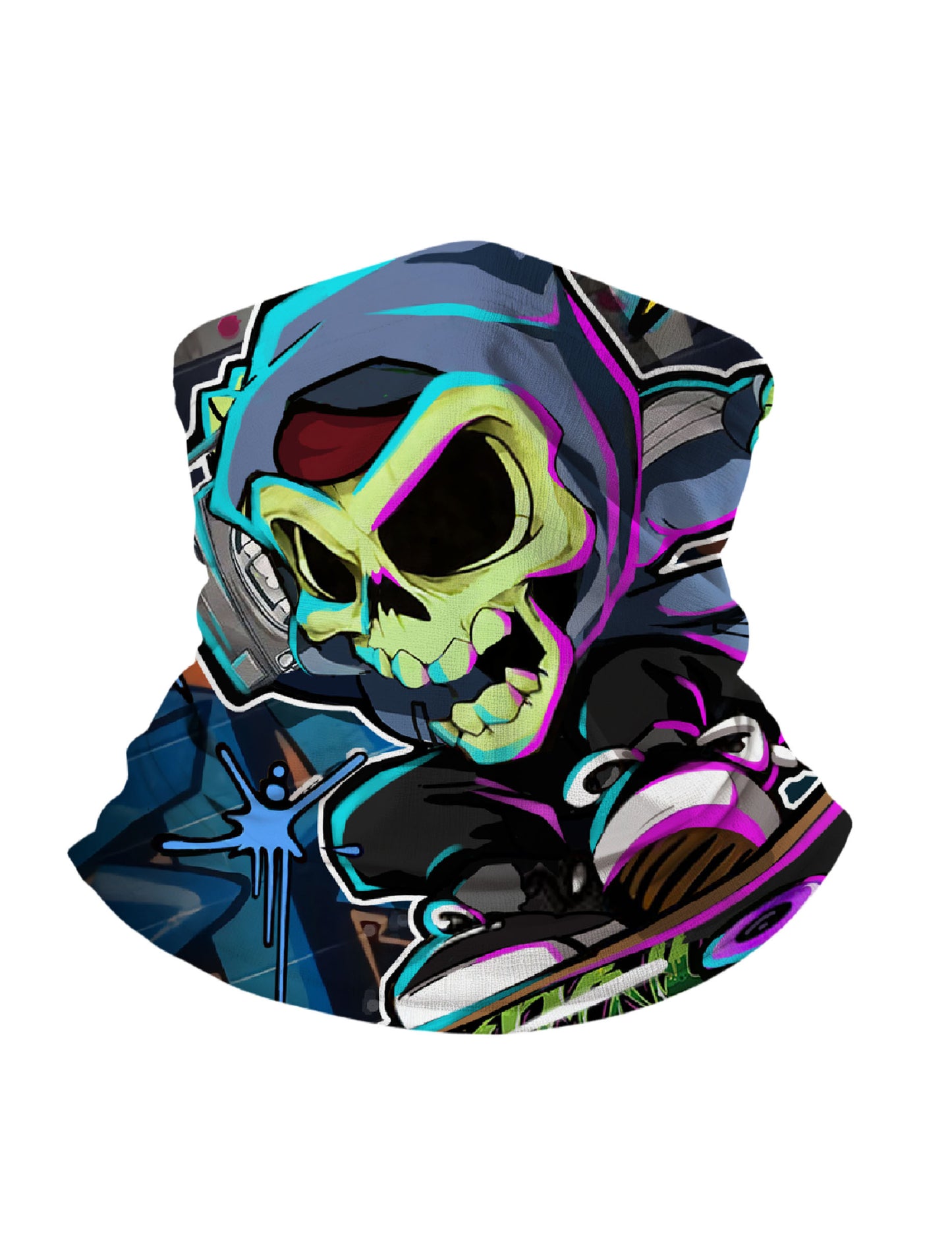 Tube Face Mask with 3D all over print graffiti skull design, Streetwear style unisex neck gaiter, soft stretchy breathable fabric for outdoor sports