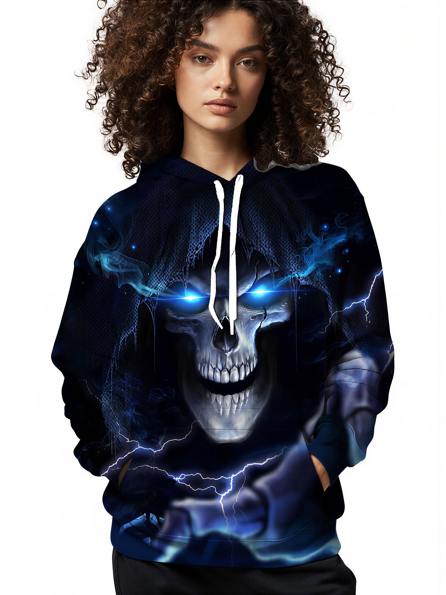3D All Over Print Skull Hoodie with Lightning Eyes for Men Women Gothic Streetwear