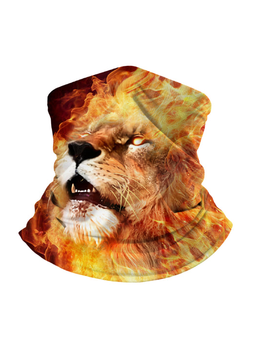 Tube Face Mask with 3D all over print fiery lion head design, Streetwear aesthetic unisex neck gaiter, breathable fabric and soft stretchy for outdoor sports