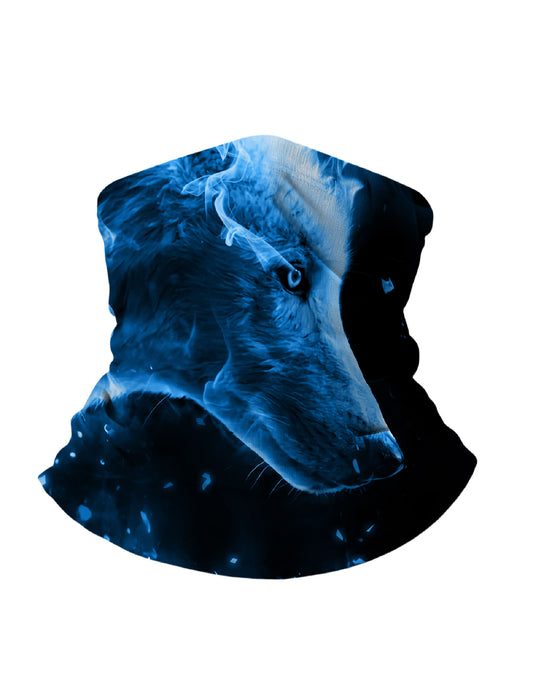 Unisex Tube Face Mask with 3D All Over Print featuring mystical blue wolf and smoke effect, Aesthetic Streetwear design, breathable fabric, windproof for outdoor use