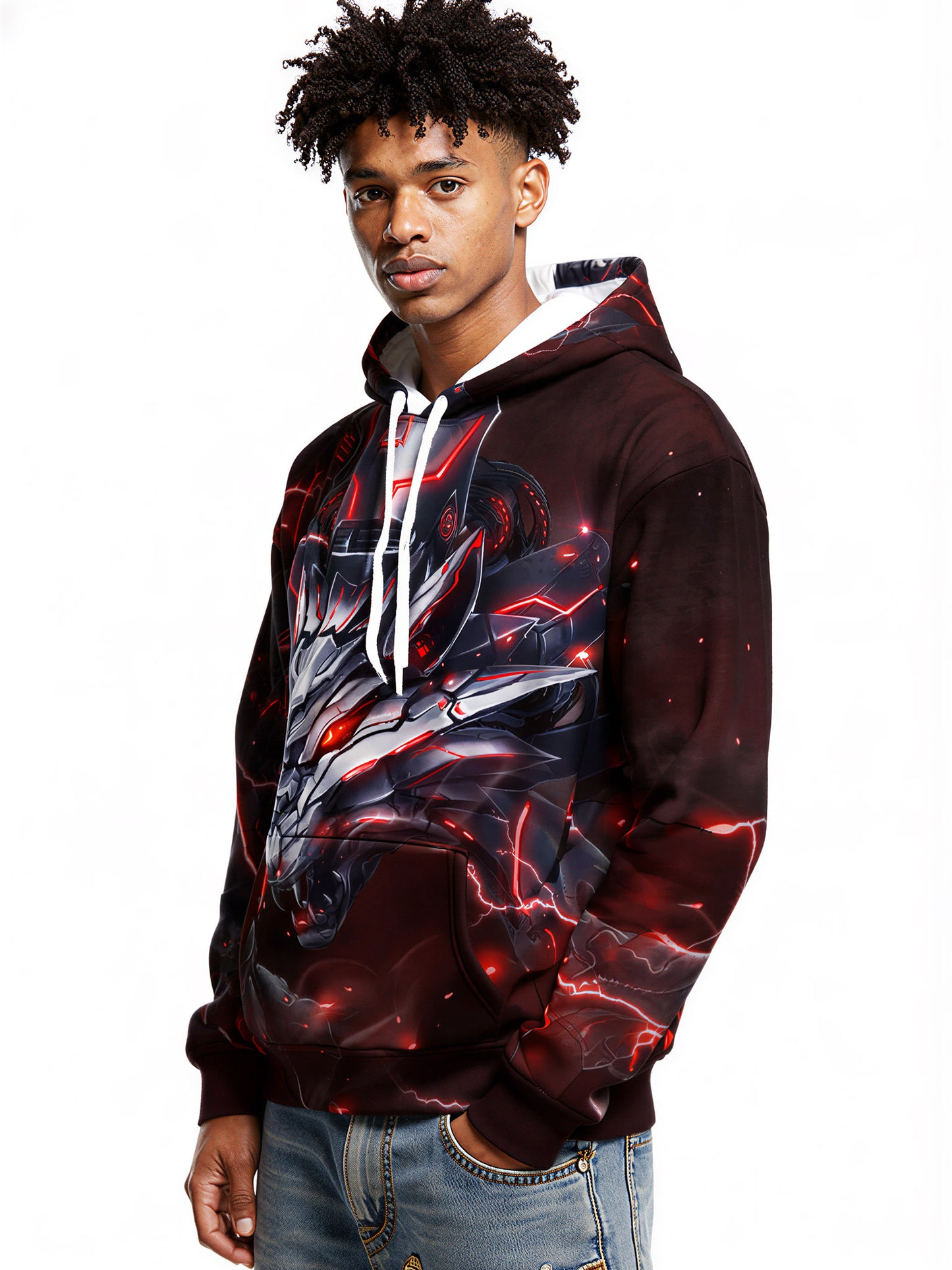 3D Cyber Wolf with Neon Red Lightning All Over Print Design Hoodie For Men Women