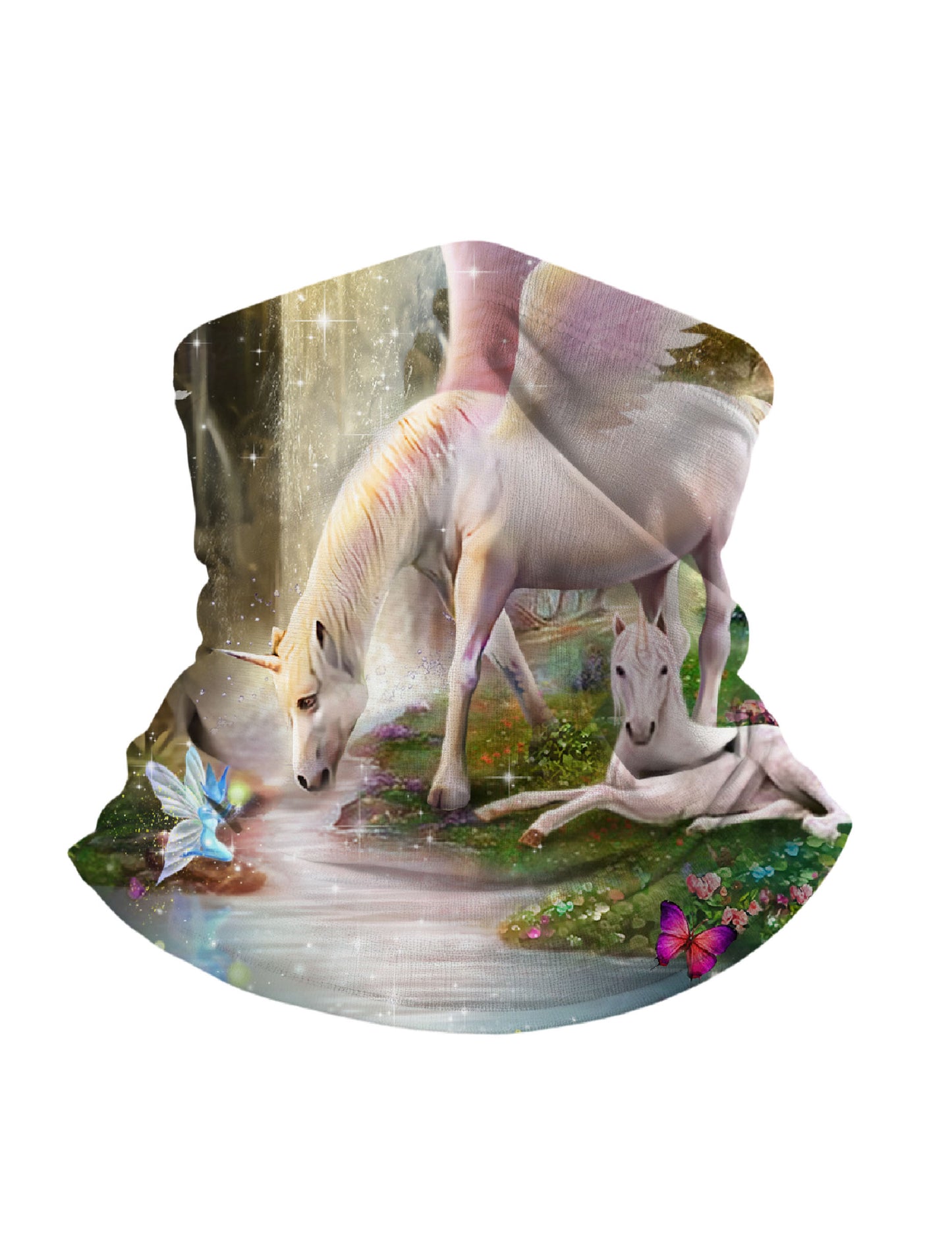 Unisex Neck Gaiter with 3D all over print featuring magical unicorn forest scene, fairy and butterfly details, Aesthetic style, soft stretchy breathable fabric for outdoor wear