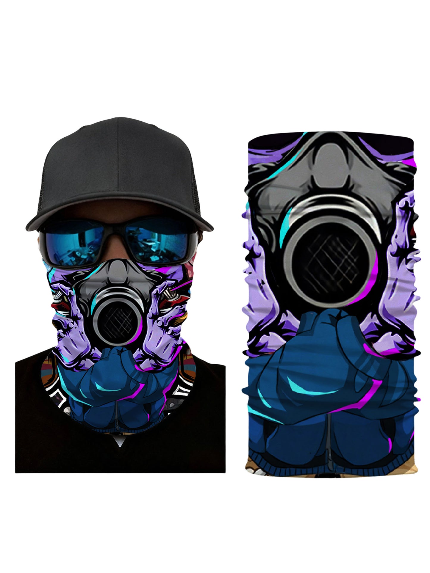 Tube Face Mask with 3D all over print graffiti skull design in vibrant cyberpunk style, unisex breathable fabric for streetwear fashion and outdoor activities