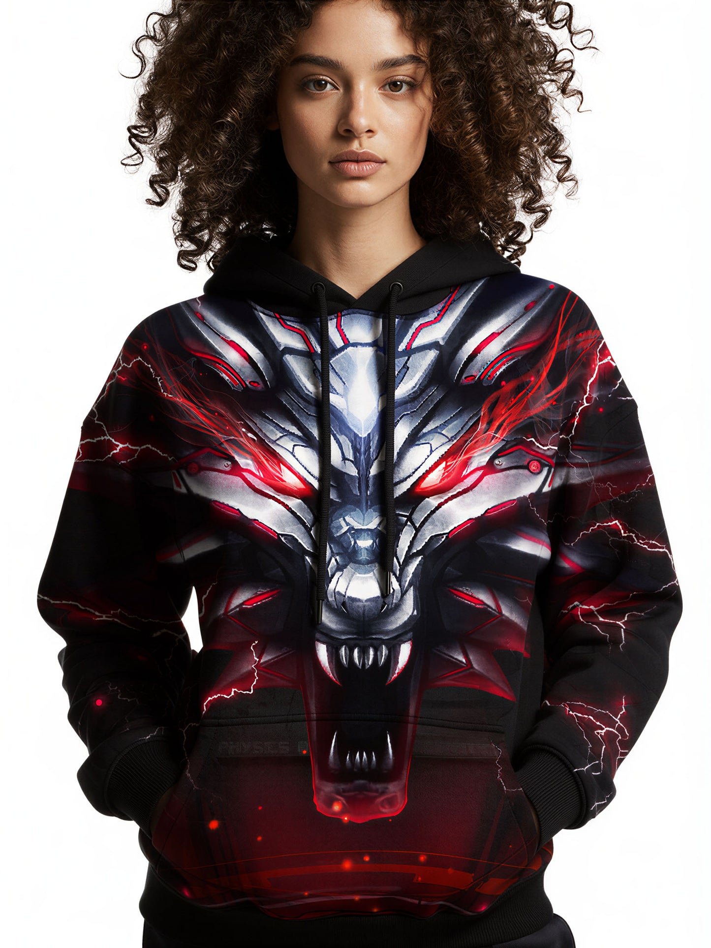 Men Women 3D All Over Print Dragon Hoodie with Red Lightning Cyberpunk Design