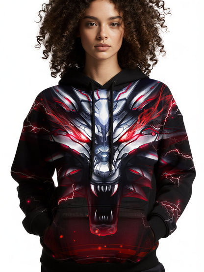 Men Women 3D All Over Print Dragon Hoodie with Red Lightning Cyberpunk Design