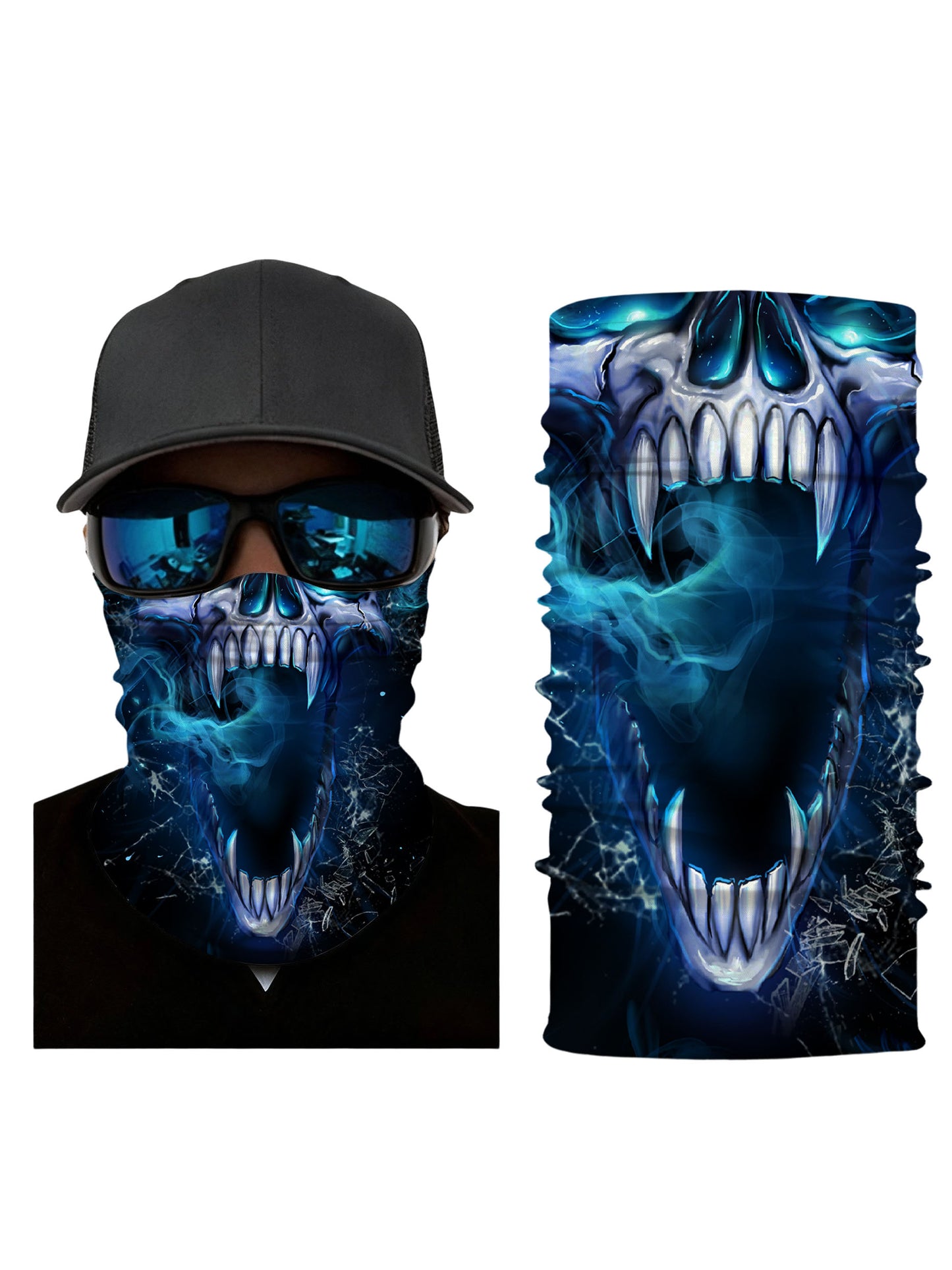 Menacing Fanged Skull Blue Smoke 3D Print Neck Gaiter – Unisex Gothic Aesthetic Face Mask