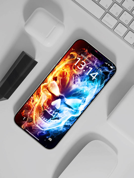 Fire & Ice Split Skull with Lightning Phone Wallpaper
