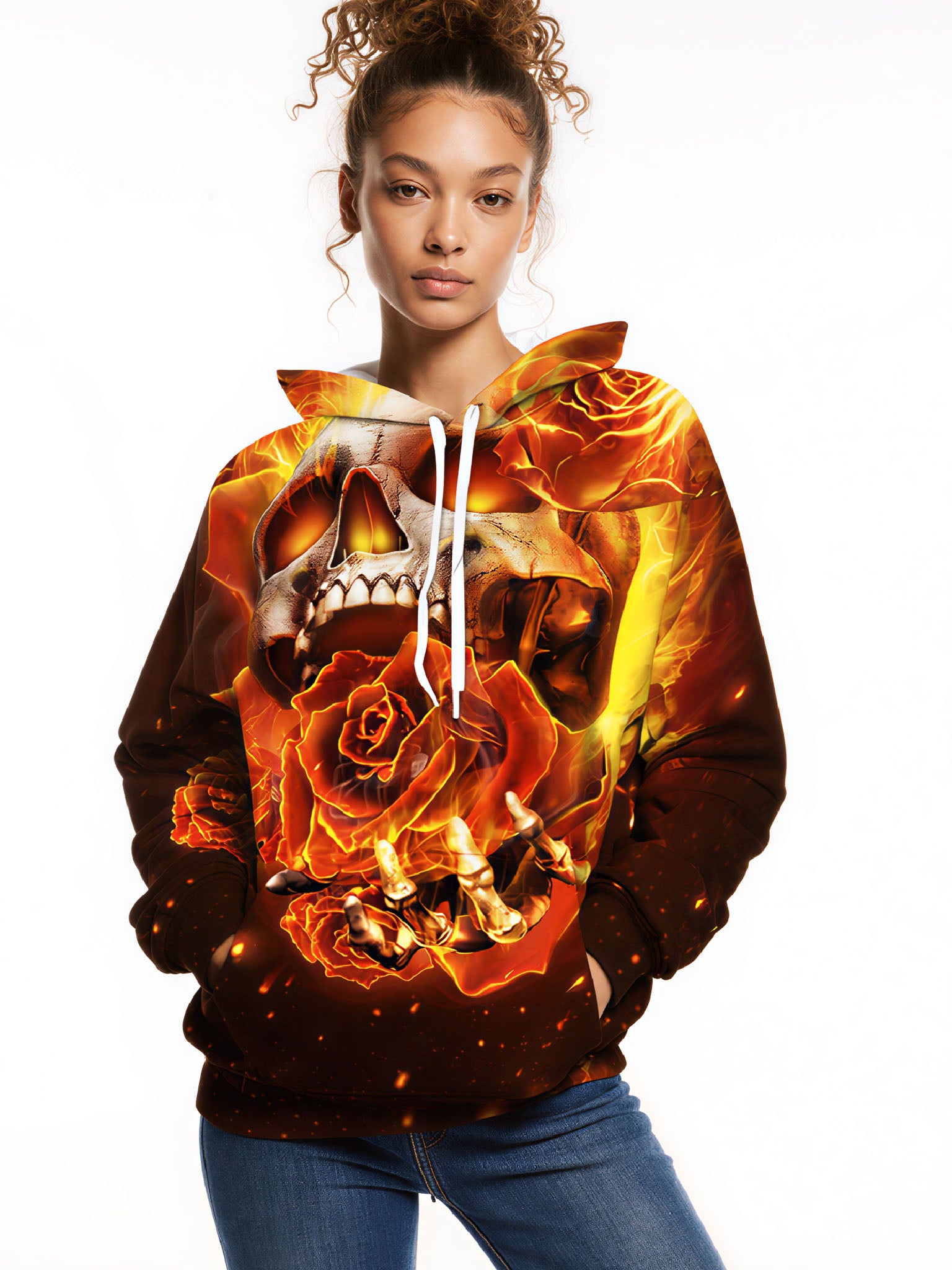Flaming Skull Rose 3D All Over Print Hoodie Unisex Streetwear Cotton Blend