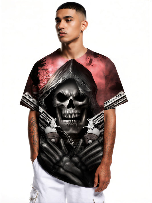Men Women 3D All Over Print Grim Reaper Skull T-Shirt with Guns and Ravens Horror Style