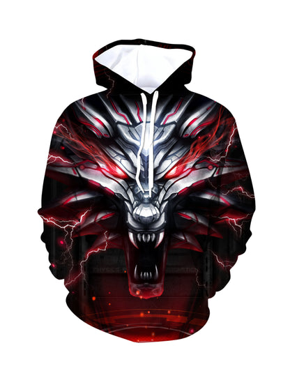 Men Women 3D All Over Print Dragon Hoodie with Red Lightning Cyberpunk Design