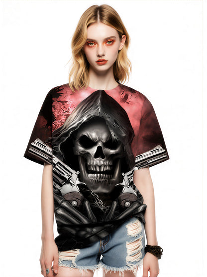Men Women 3D All Over Print Grim Reaper Skull T-Shirt with Guns and Ravens Horror Style