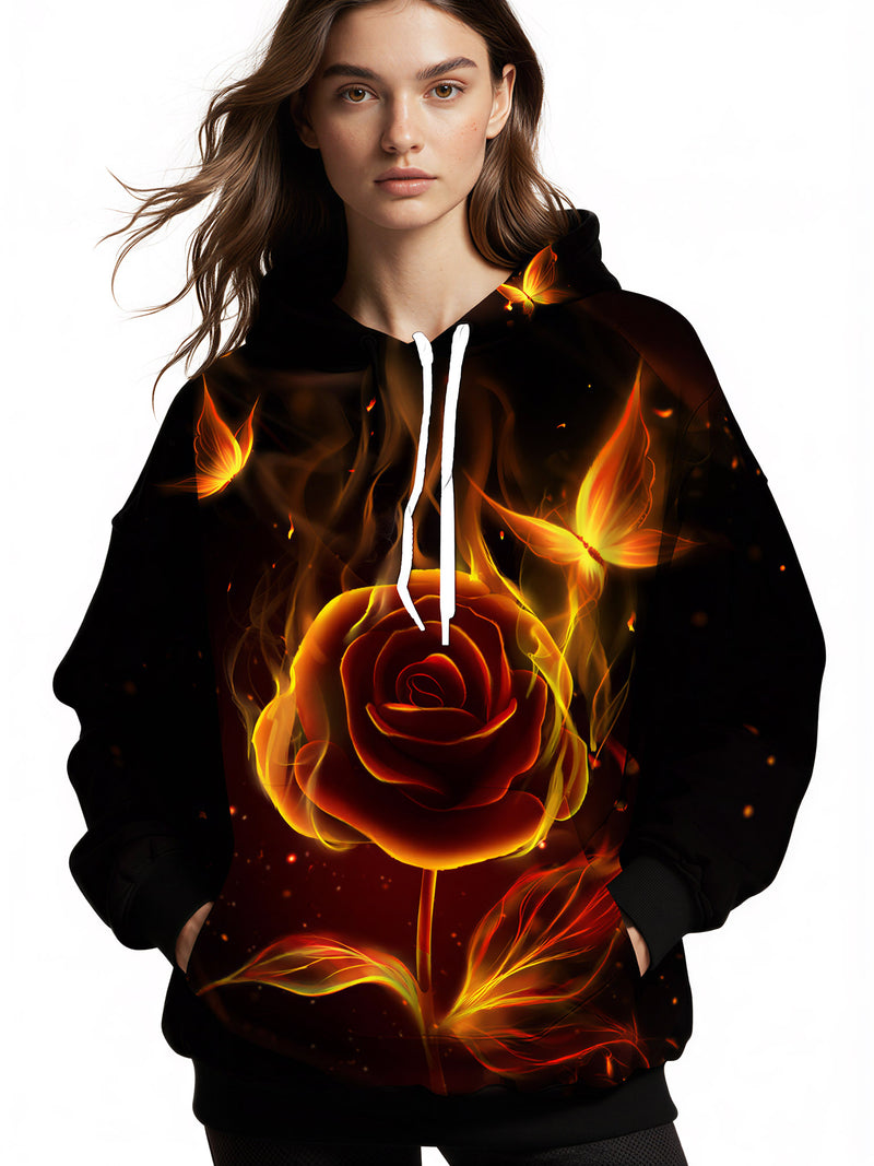 Flaming Rose 3D All Over Print Hoodie for Men Women, Fire Butterfly Graphic Pullover Sweatshirt