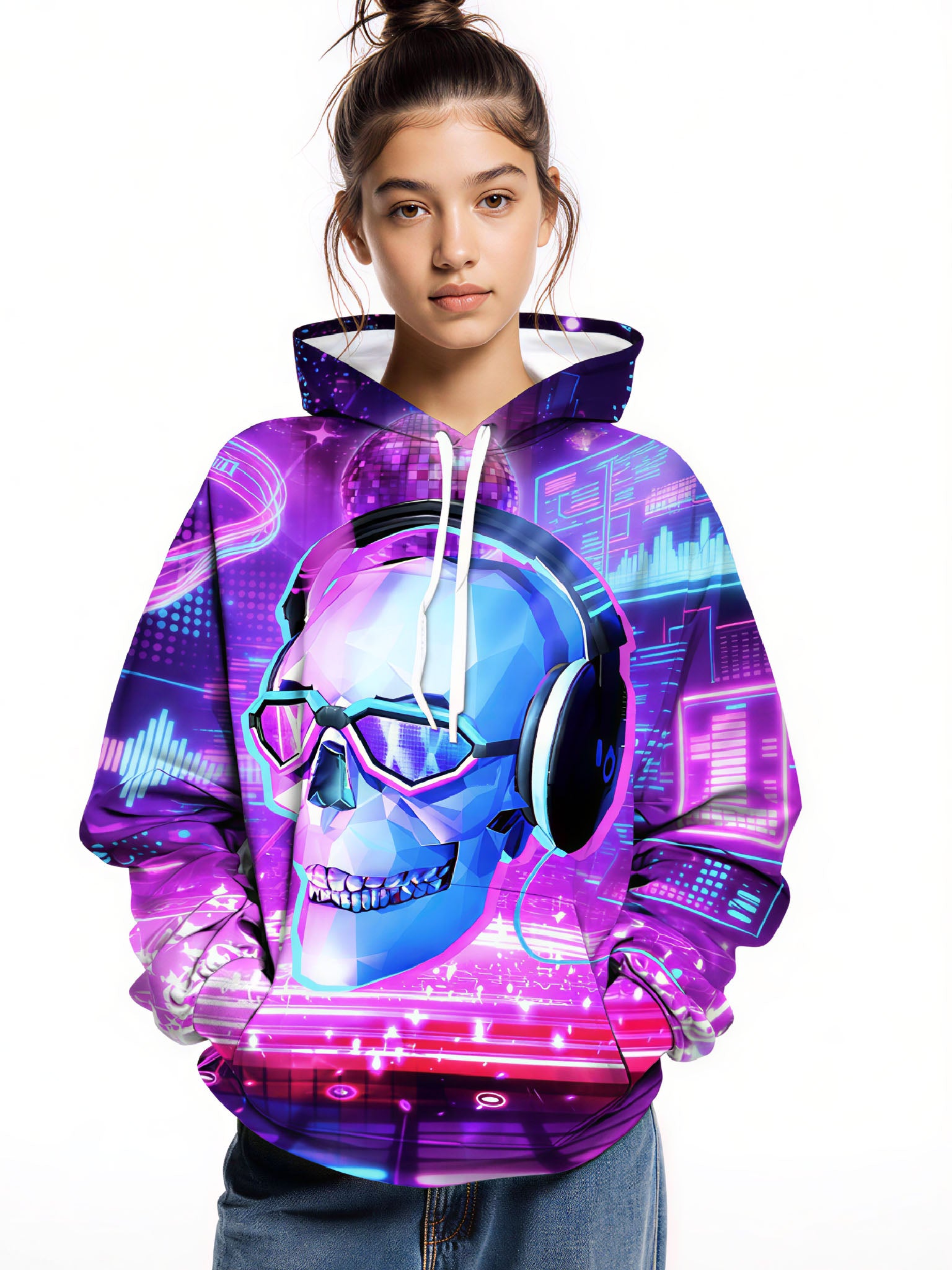Neon Skull 3D All Over Print Hoodie Unisex Streetwear Cotton Blend Soft Fit