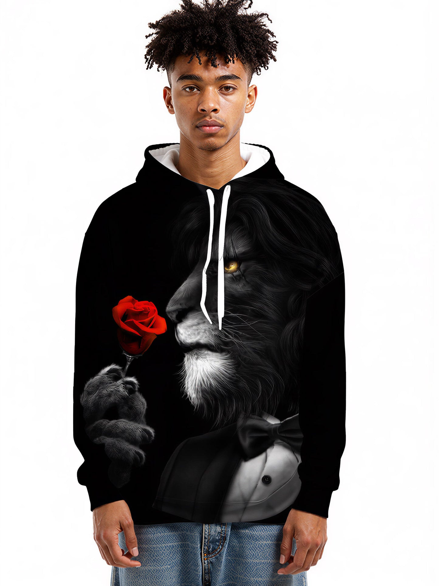 Lion with Rose 3D All Over Print Hoodie for Men Women, Elegant Bow Tie Design