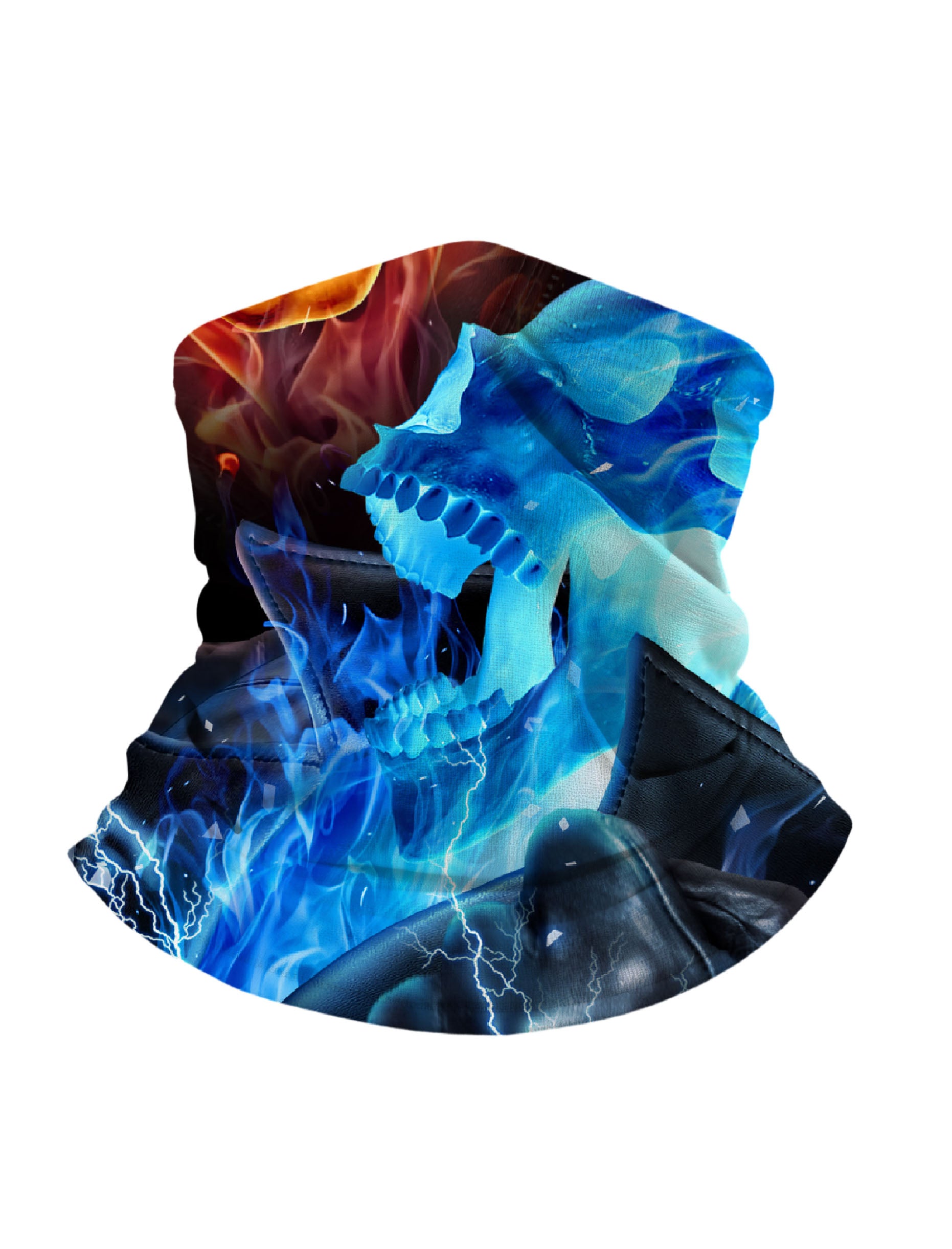 Tube Face Mask with 3D all over print graffiti skull design in electric blue flame and lightning, Streetwear unisex breathable fabric for outdoor sports and urban fashion