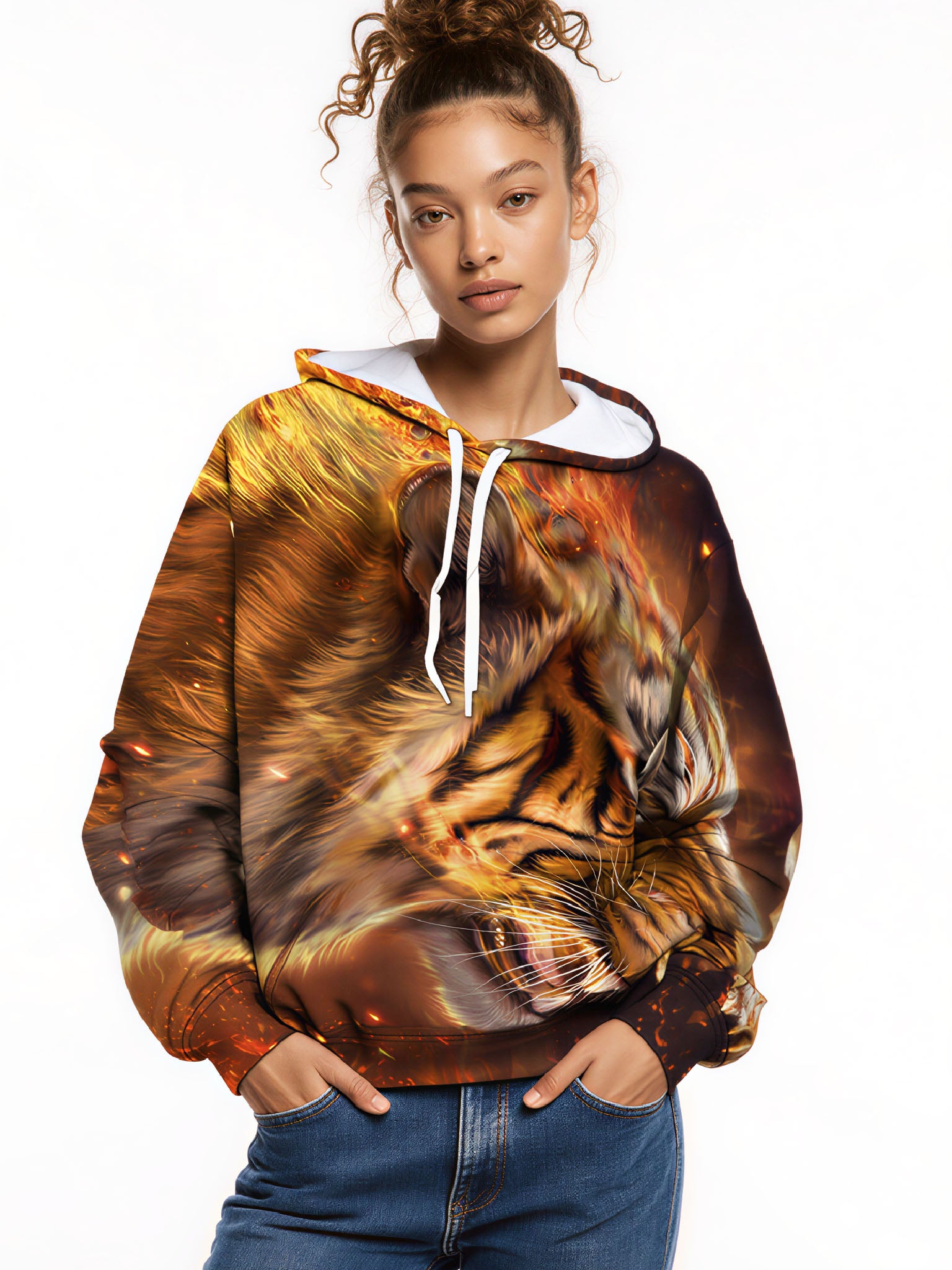 Golden Flame Resting Tiger 3D Print Hoodie | Streetwear Oversized Pullover
